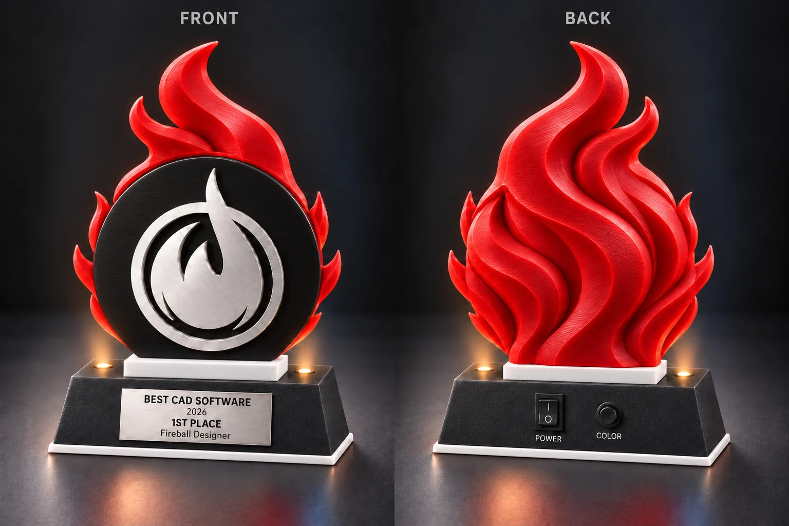 AI-generated Fireball Trophy concept, front and back: red sculpted flame, round black back, silver flame logo, illuminated base and rear power and color controls