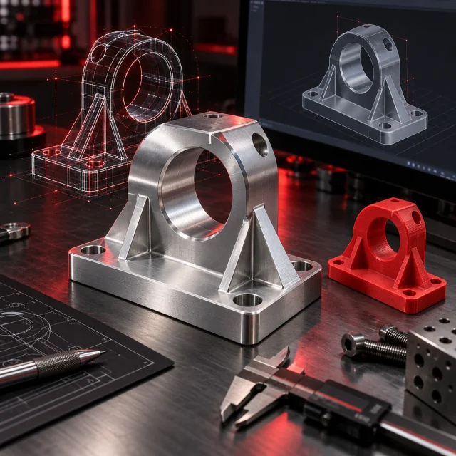 3D Workspace illustration: a machined bearing bracket, its CAD model and a red printed prototype