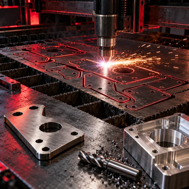 CAM Workspace illustration: plasma cutting nested steel profiles beside machined parts