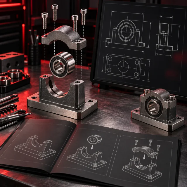 Doc Workspace illustration: an exploded bearing assembly with technical drawings and assembly instructions
