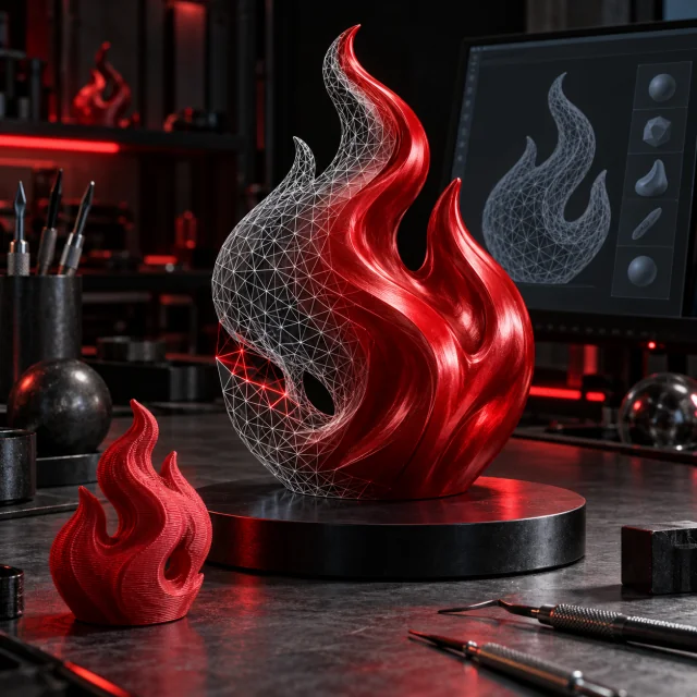 Mesh Workspace illustration: a red flame sculpture with a triangular mesh and a printed prototype