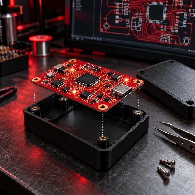 PCB Workspace illustration: a red circuit board aligned above its black enclosure and a board layout