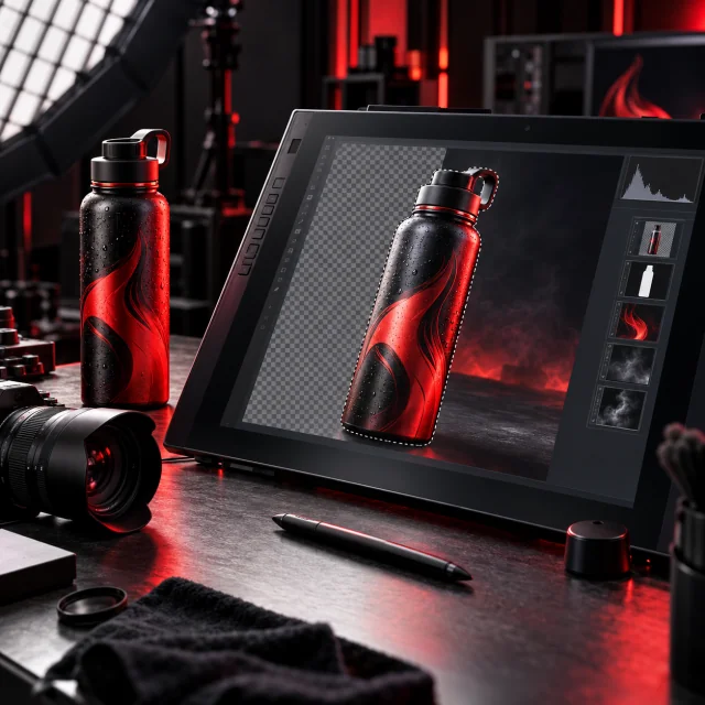 Raster Workspace illustration: a flame-branded water bottle being edited with layers and a transparent background
