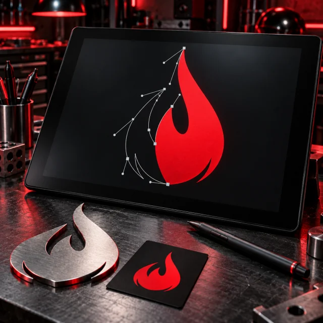 Vector Workspace illustration: editable flame paths on a drawing tablet beside finished metal and printed artwork