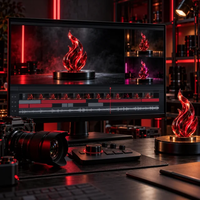 Video Workspace illustration: a red flame product video with a timeline, camera and editing controls